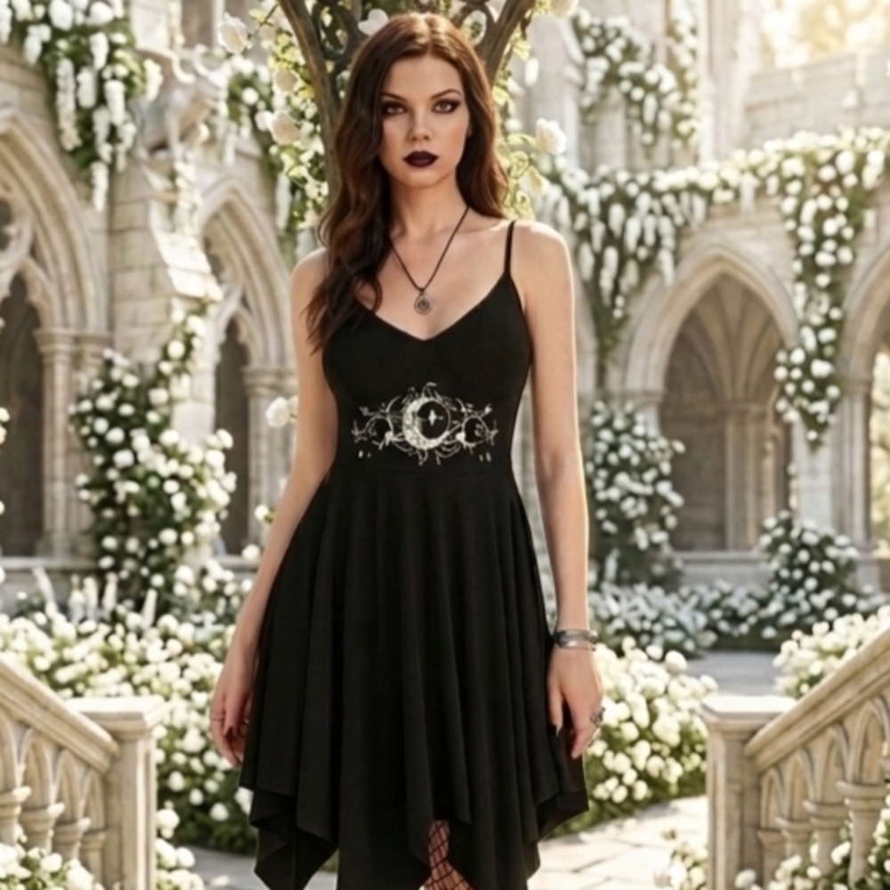 Black Gothic Spaghetti Strap Handkerchief Hem Dress